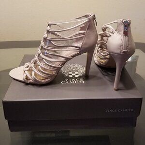 Vince Camuto Ombra Drizzle Grey Nappa Caged Peep Toe Stiletto Heel